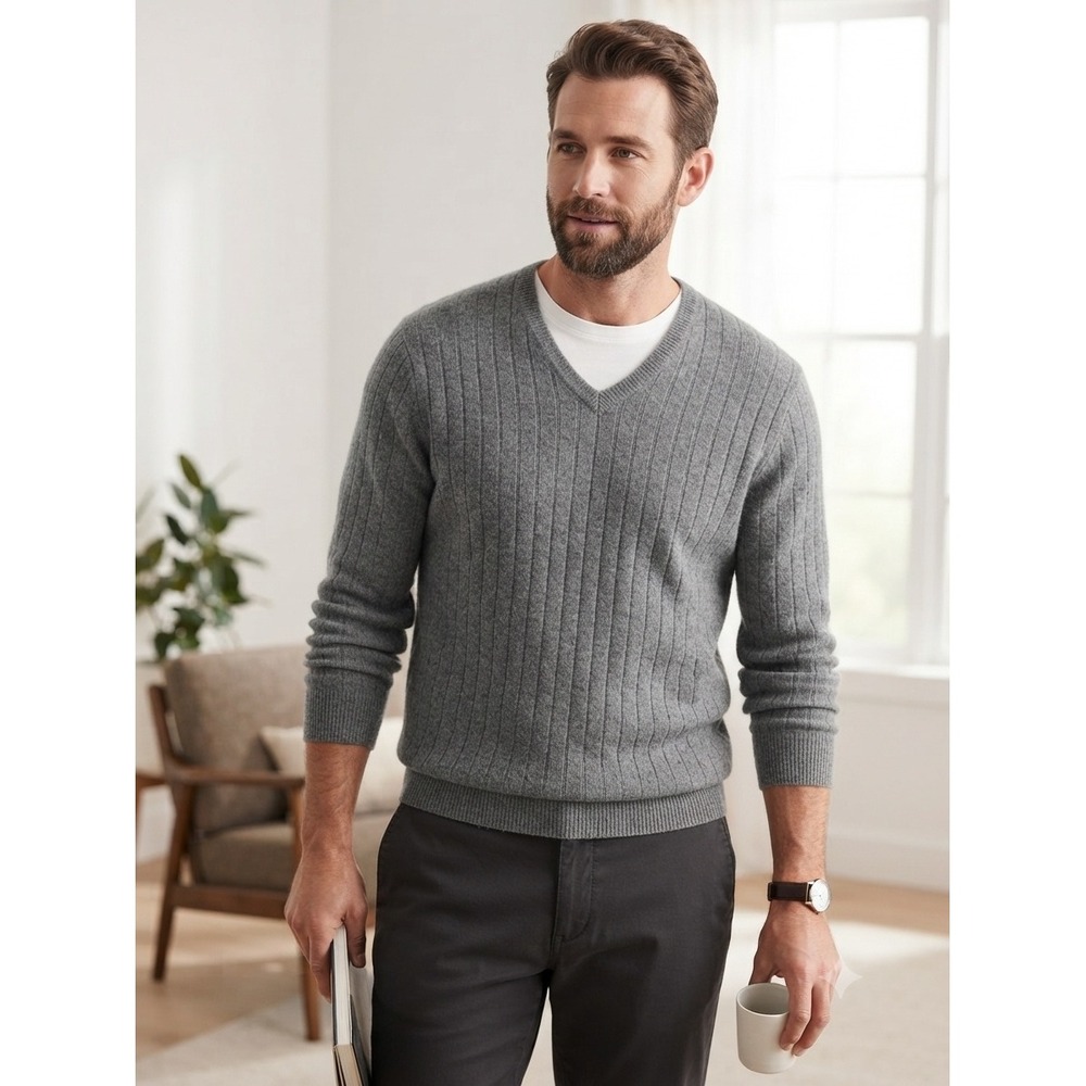 Geoffrey Beene Mens XXL Gray 100% Cashmere V-Neck Ribbed Knit Sweater Luxury